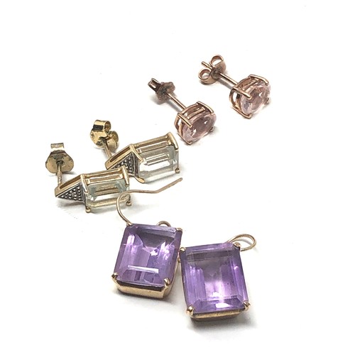 222 - 3 x 9ct gold paired gemstone earrings inc. amethyst, morganite, blue quartz & diamond (6.1g)