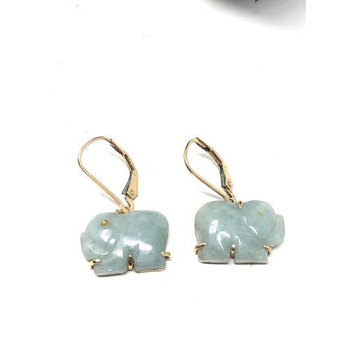 217 - 14ct gold carved jade elephant drop earrings (4.7g)