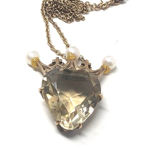 203 - 9ct gold vintage citrine & pearl heart pendant necklace (5.2g)