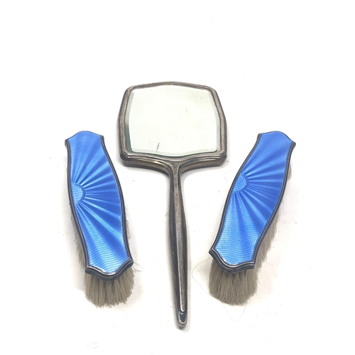 25 - Silver & enamel mirror and 2 brushes