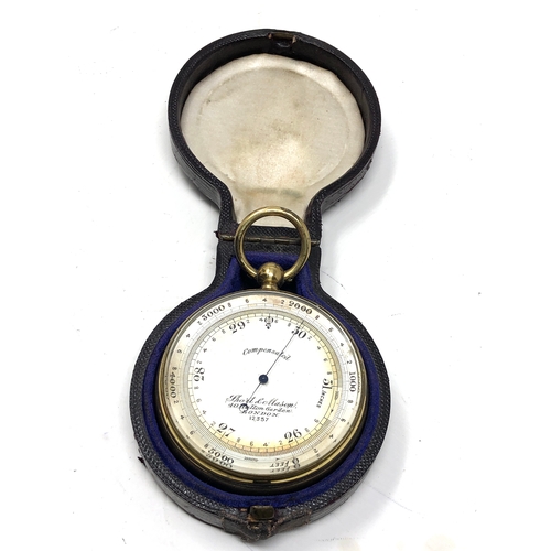 474 - Antique Large Bright Plated Pocket Barometer by Short & Mason London c1900 original case