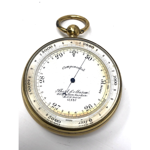 474 - Antique Large Bright Plated Pocket Barometer by Short & Mason London c1900 original case