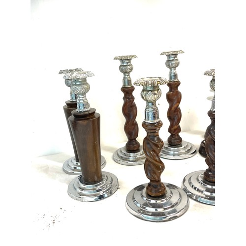 796 - 4 Pairs of vintage wooden and metal candle sticks