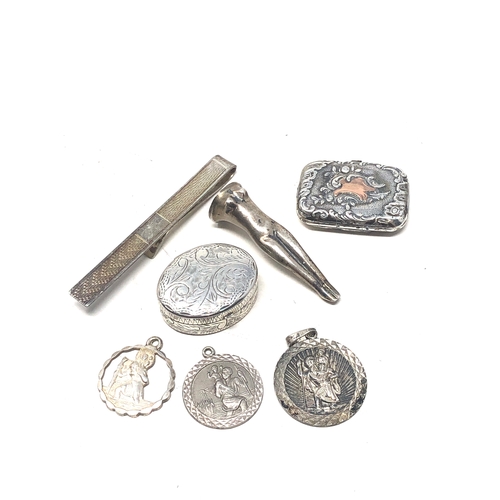 30 - Selection of silver items inc 2 pill boxes , tie clip  st christopher pendants etc