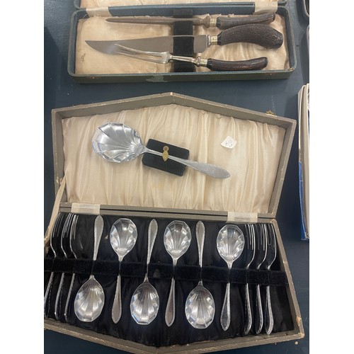 801 - Large selection of silver plated cased fruit spoon sets, carving set etc