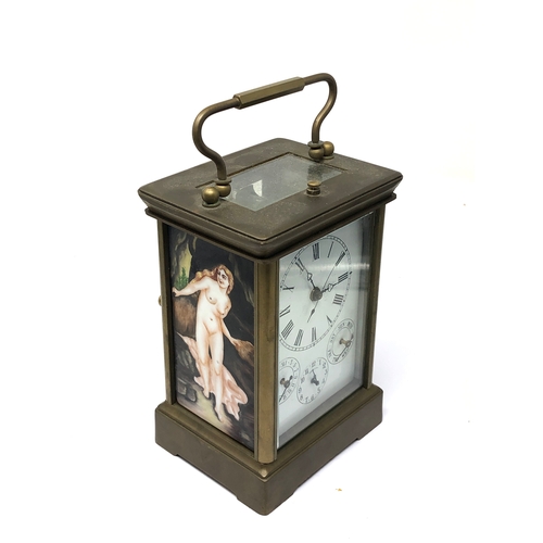 559 - French style enamel nude panel brass repeater carriage clock the clock will tick but untested