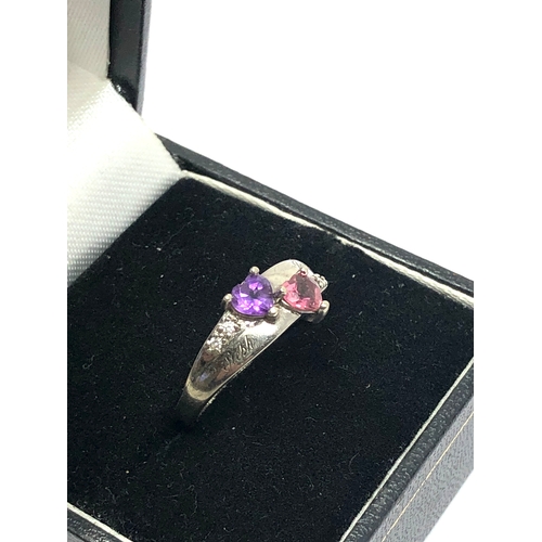 101 - 10ct white gold amethyst & pink sapphire & diamond sweetheart ring engraved weight 2.5g