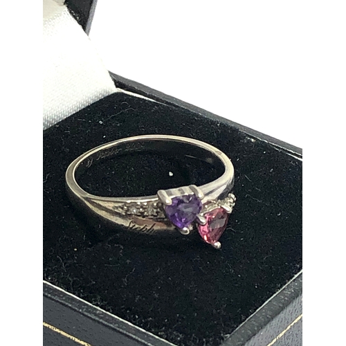 101 - 10ct white gold amethyst & pink sapphire & diamond sweetheart ring engraved weight 2.5g