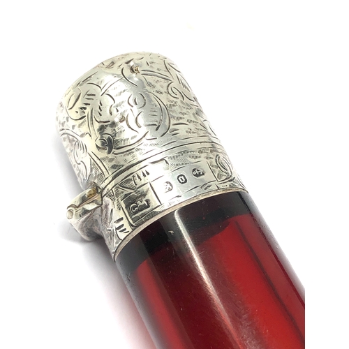 68 - Antique silver ruby glass double ended scent bottle birmingham silver hallmarks