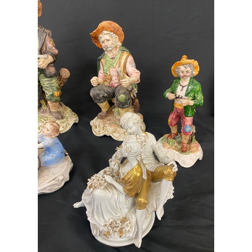 713 - Selection of Capodimonte figures includes Lady, Dog and Boy etc, Some items are in need/ have been r... 