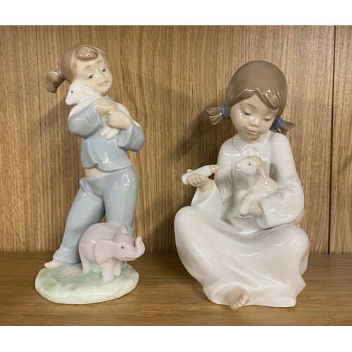 729 - Vintage Nao figure of a girl feeding a lamb and a Nao figure of a girl cuddling a Lamb, tallest meas... 