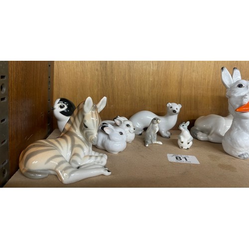 645 - Large selection of USSR pottery animals includes Zebra, Rabbit, Fawn, Rabbits, 3 Horses etc