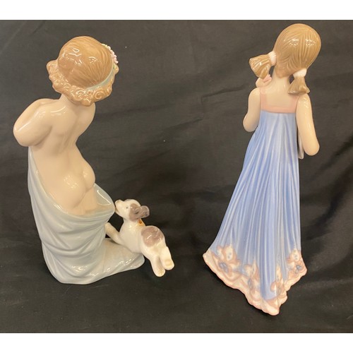 668 - Lladro girl in dress holding hat with flowers and Lladro Half Dressed Girl & Naughty Puppy, dame to ... 