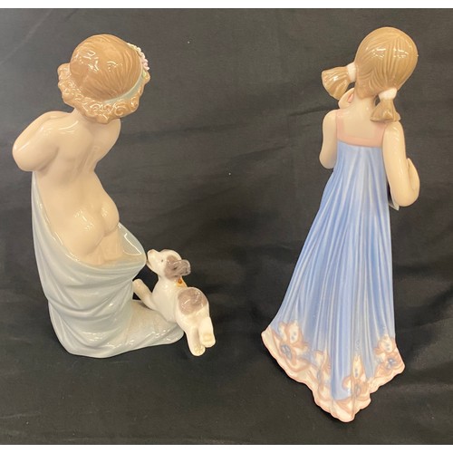 668 - Lladro girl in dress holding hat with flowers and Lladro Half Dressed Girl & Naughty Puppy, dame to ... 