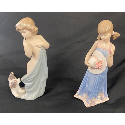 668 - Lladro girl in dress holding hat with flowers and Lladro Half Dressed Girl & Naughty Puppy, dame to ... 