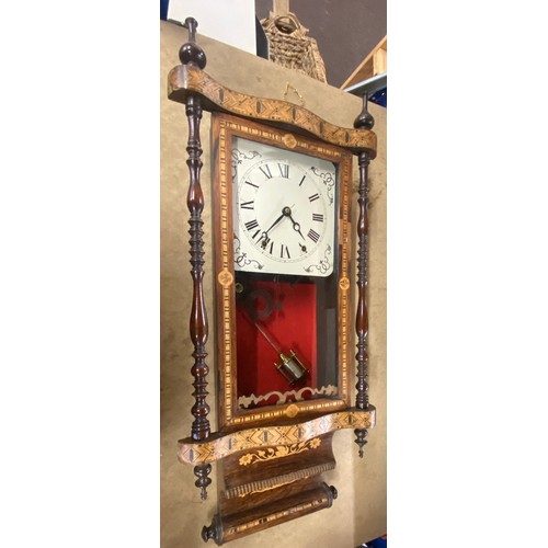 655 - Vienna mahogany inlaid wall clock with key and pendulum, untested