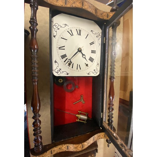 655 - Vienna mahogany inlaid wall clock with key and pendulum, untested