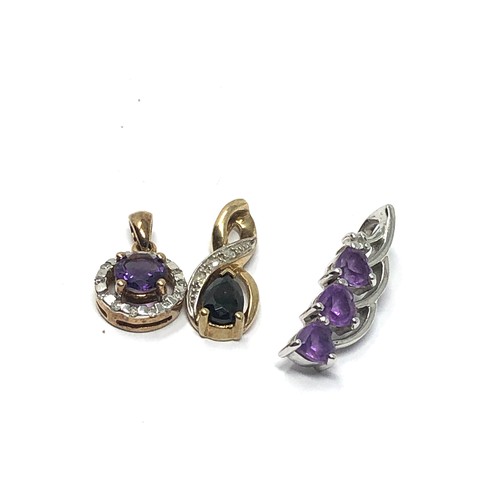 317 - 3 x 9ct yellow and white gold gemstone set pendants inc. amethyst, diamond & black gemstone (3.6g)