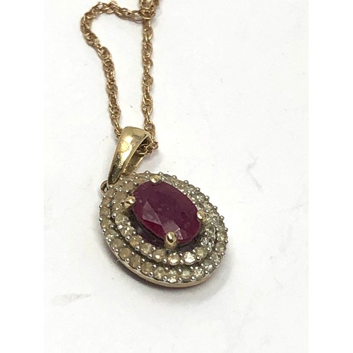 216 - 9ct gold ruby & diamond double halo pendant necklace (1.5g)