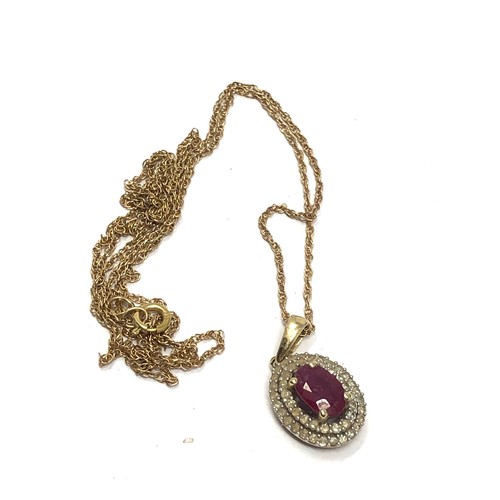 216 - 9ct gold ruby & diamond double halo pendant necklace (1.5g)