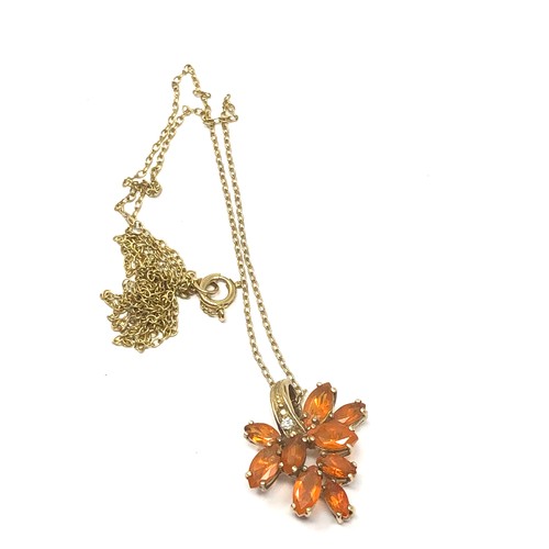 279 - 9ct gold fire opal & diamond floral cluster pendant necklace (3g)