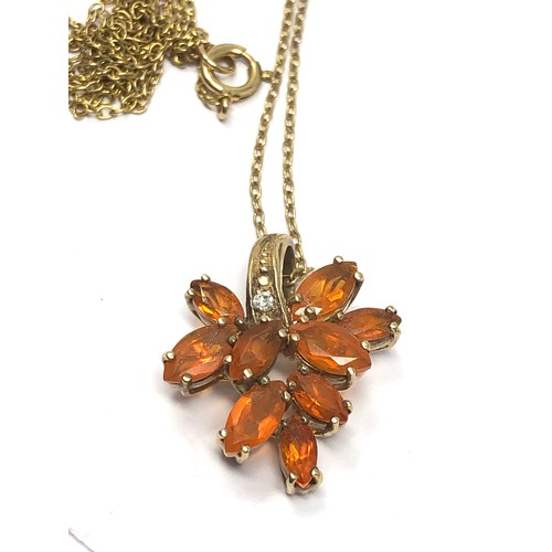 279 - 9ct gold fire opal & diamond floral cluster pendant necklace (3g)