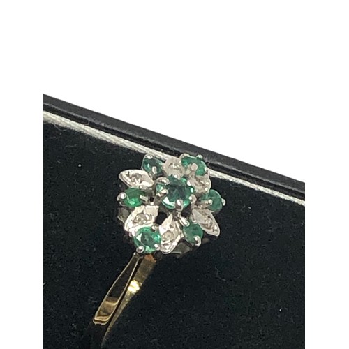 218 - 9ct gold emerald & diamond floral cluster dress ring (2.1g)