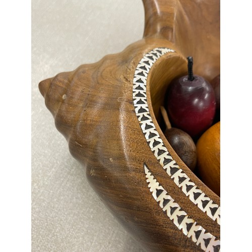 740 - Vintage carved wooden inlaid fruit bowl in the shape of a shell, measures approx 9cm tall 40cm wide