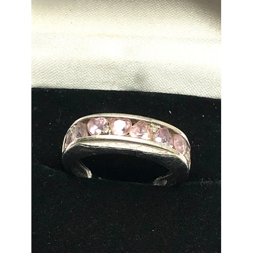 308 - 9ct white gold pink topaz hearts & diamond channel setting ring (4.4g)