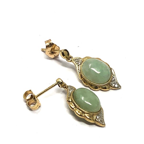 294 - 9ct gold jade & diamond drop earrings (3g)