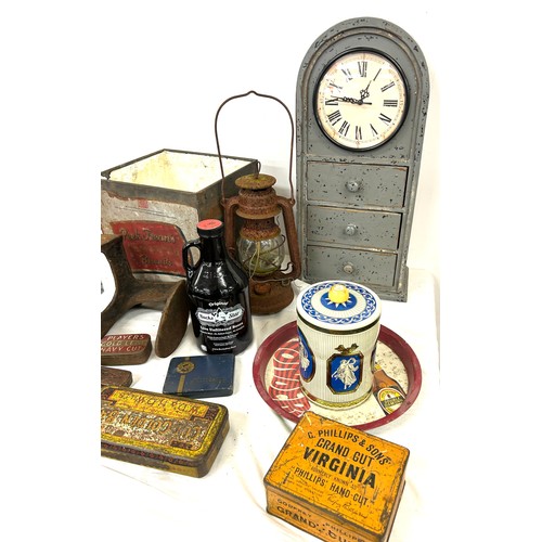 932 - Selection of vintage miscellaneous to include advertising tins, prints, tilly lamp etc