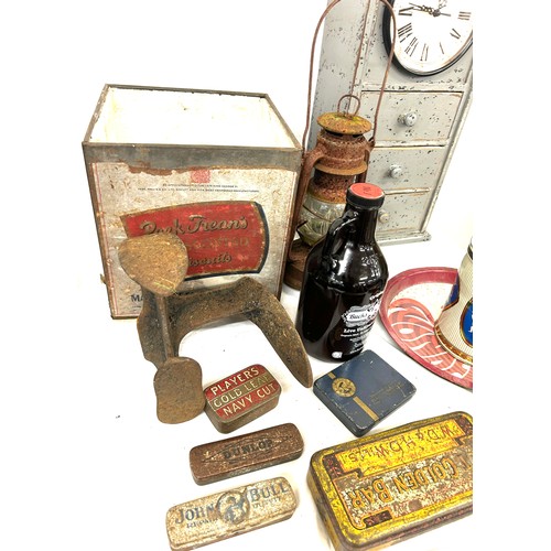 932 - Selection of vintage miscellaneous to include advertising tins, prints, tilly lamp etc