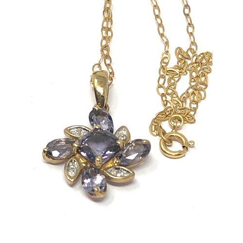 257 - 9ct gold diamond & iolite cluster pendant necklace (1.5g)