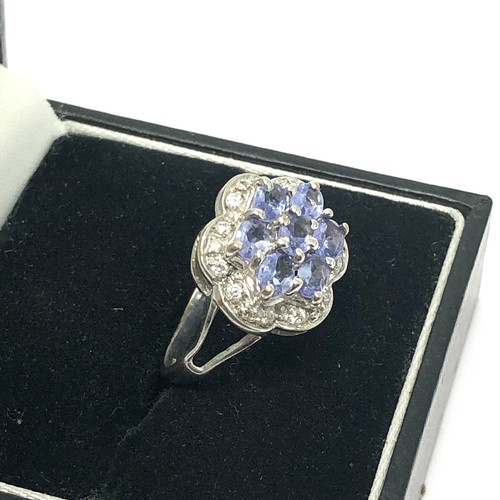 120 - 9ct white gold tanzanite and diamond set cluster statement ring (2.8g)