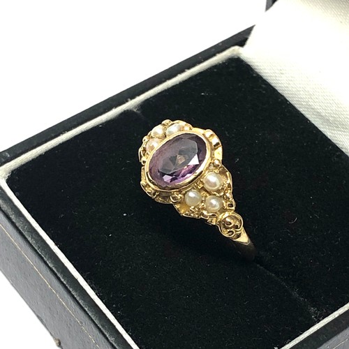 180 - 9ct gold vintage seed pearl and amethyst cluster dress ring (2.6g)