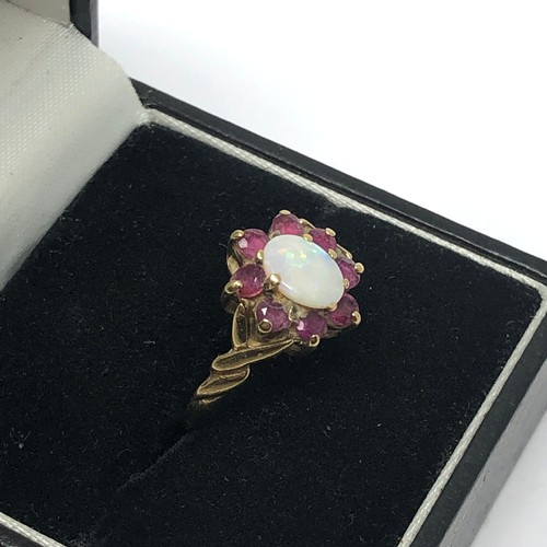 170 - 9ct gold opal and ruby cluster ring (2g)