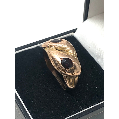 91 - Fine antique 9ct gold double snake ring garnet set Birmingham gold hallmarks weight 5.5g