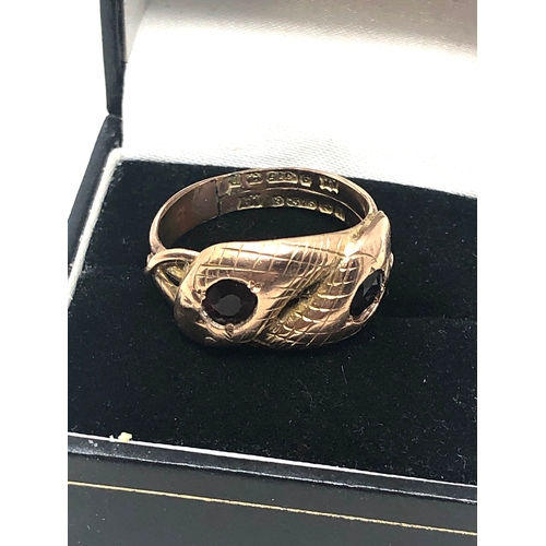 91 - Fine antique 9ct gold double snake ring garnet set Birmingham gold hallmarks weight 5.5g