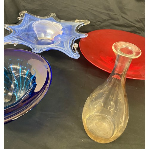 273 - 3 vintage coloured glass bowls, possibly murano piece,  glass decanter no stopper