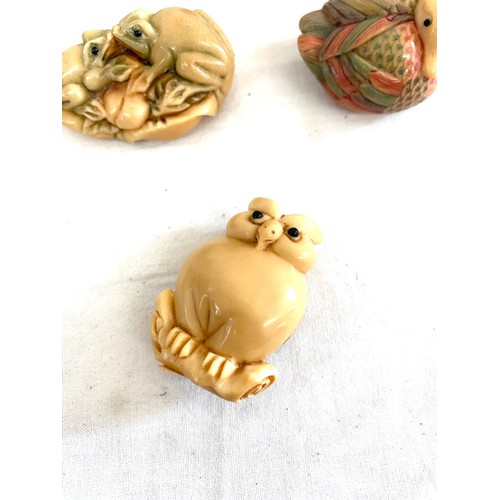 97 - Selection of 8 signed Tagua nut netsukes to include Owl, duck, frog etc