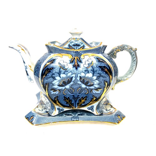 75 - Decorative vintage teapot with stand, blue and gold decoration, approximate height with stand 7.5 in... 