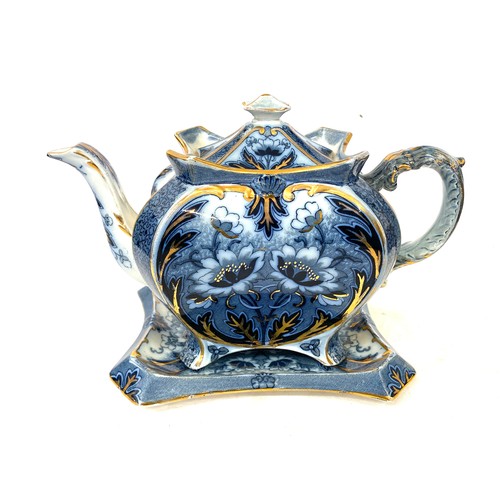 75 - Decorative vintage teapot with stand, blue and gold decoration, approximate height with stand 7.5 in... 