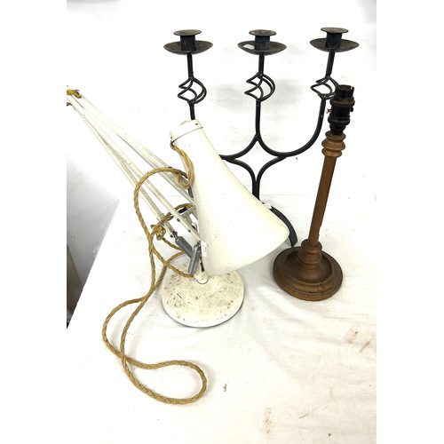 204 - Vintage anglepoise lamp, metal candlestick holder, converted gas lamp, all untested