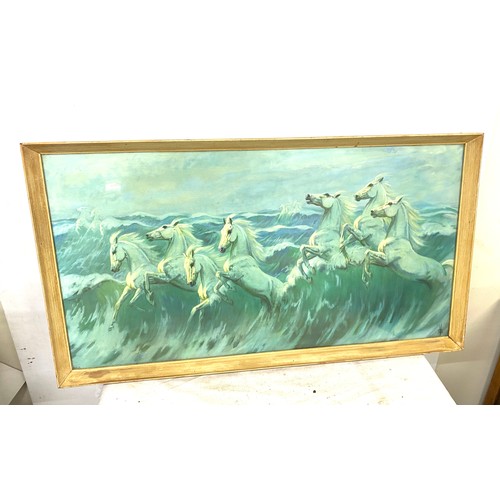 59 - Large framed 60s print of galloping horses in the waves measures approx 33.5 inches wide 18.5 inches... 