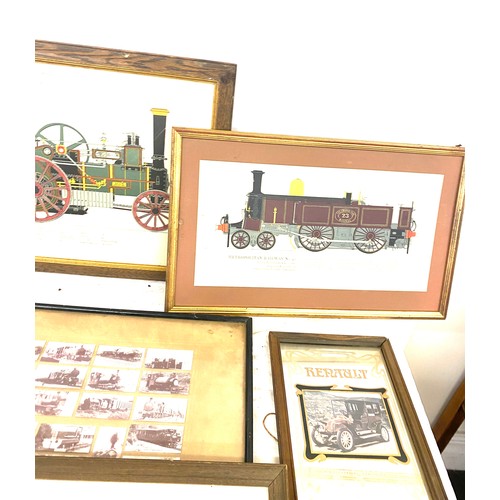 104 - Large selection of frames vehicle prints/ cigarette cards etc largest measures approx 20 inches by 1... 