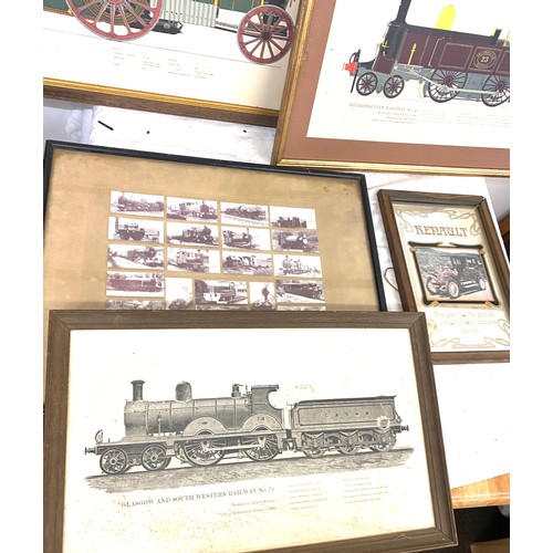 104 - Large selection of frames vehicle prints/ cigarette cards etc largest measures approx 20 inches by 1... 