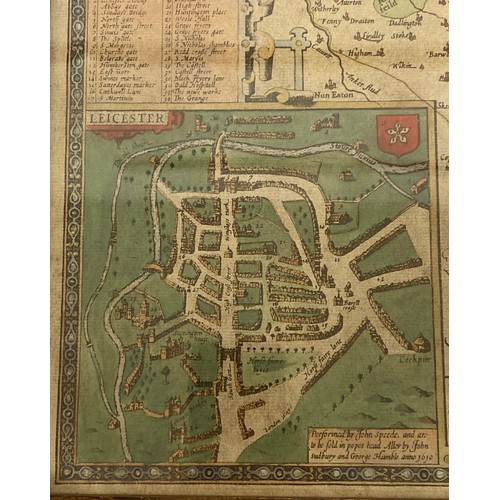 8 - Antique framed map county of Leicester Performed by John Speed measures approx 22 inches wide 17 inc... 