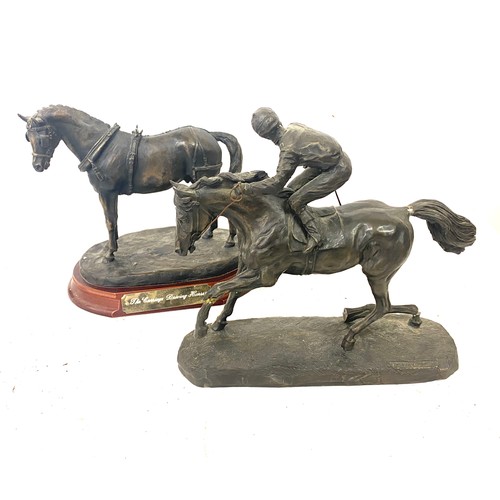 74 - 2 Vintage resin horse figures on stands, damage to leg of horse with rider