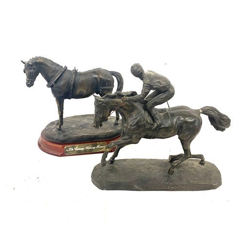 74 - 2 Vintage resin horse figures on stands, damage to leg of horse with rider