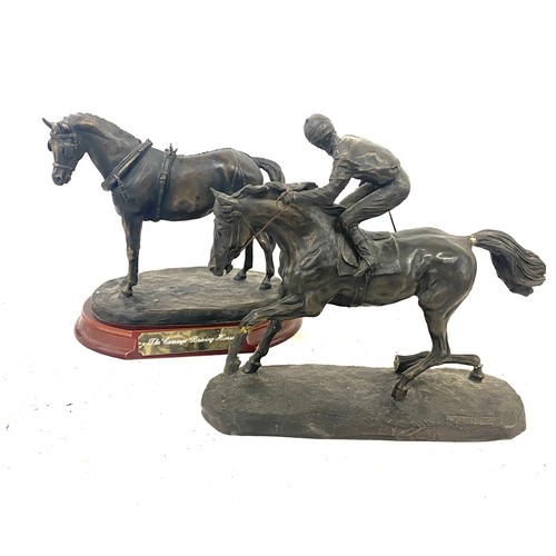 74 - 2 Vintage resin horse figures on stands, damage to leg of horse with rider